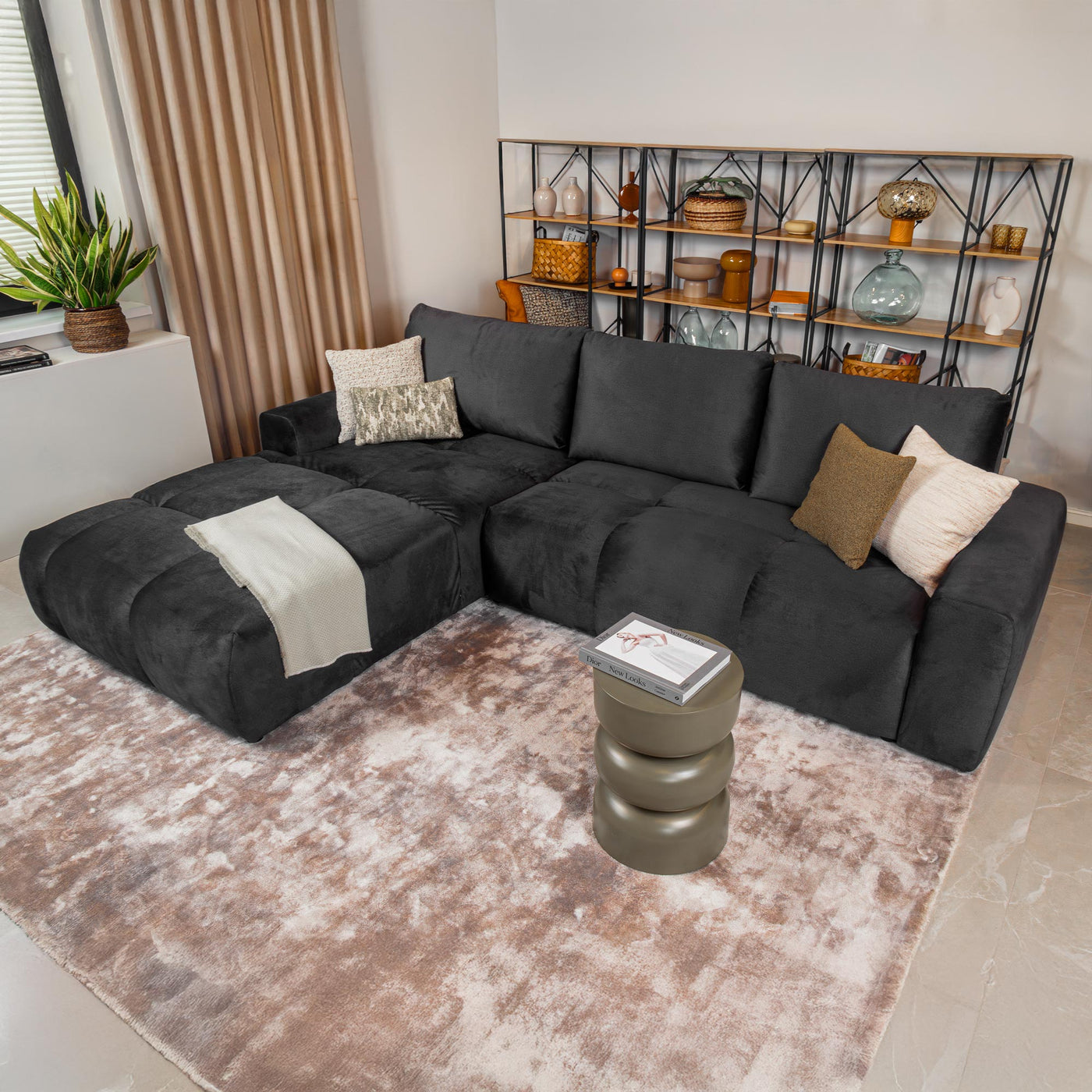 LYGIE Canapé d'angle convertible avec coffre en velours gris foncé - Angle gauche - Canapé d'angle convertible - Mobilier Deco