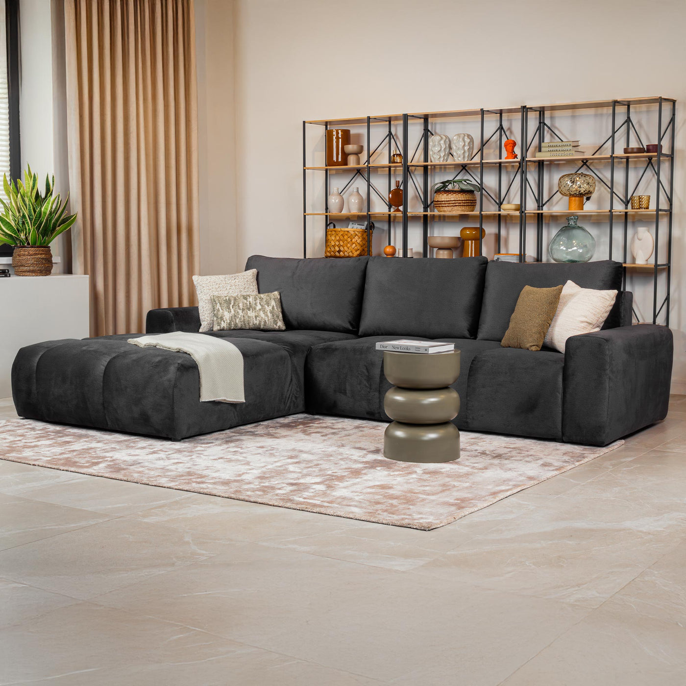 LYGIE Canapé d'angle convertible avec coffre en velours gris foncé - Angle gauche - Canapé d'angle convertible - Mobilier Deco
