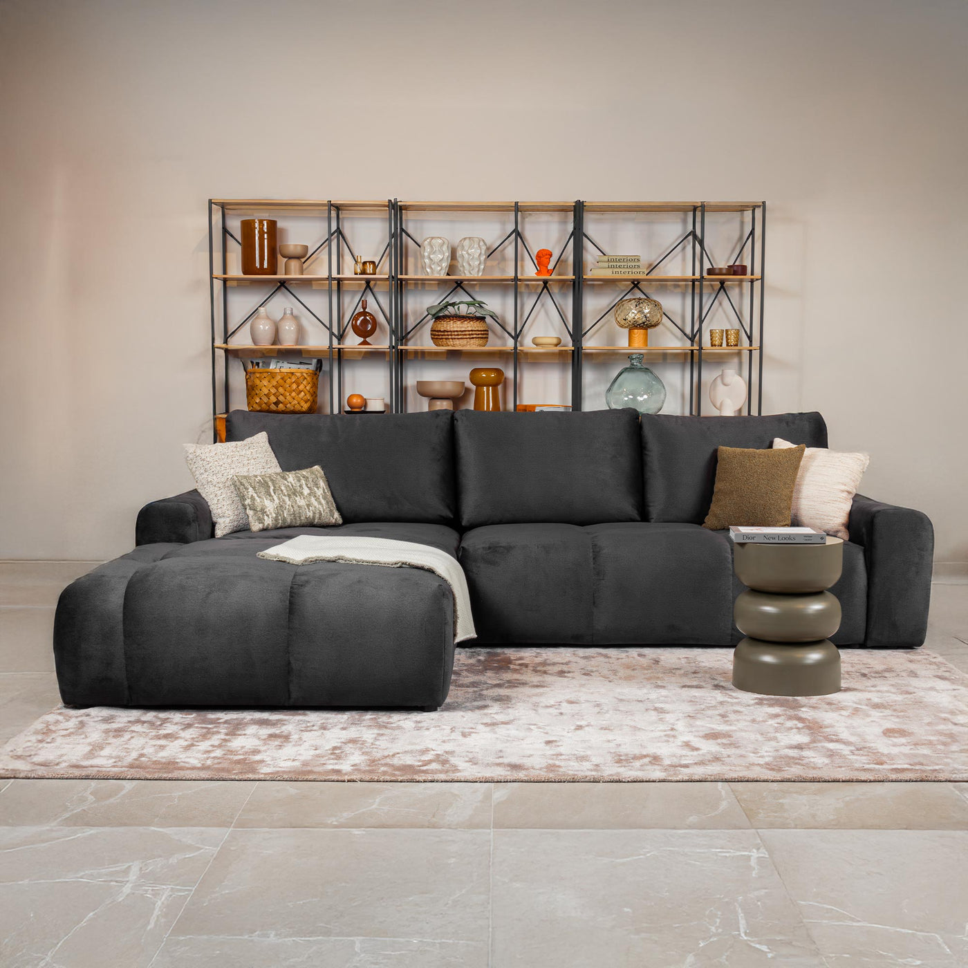 LYGIE Canapé d'angle convertible avec coffre en velours gris foncé - Angle gauche - Canapé d'angle convertible - Mobilier Deco