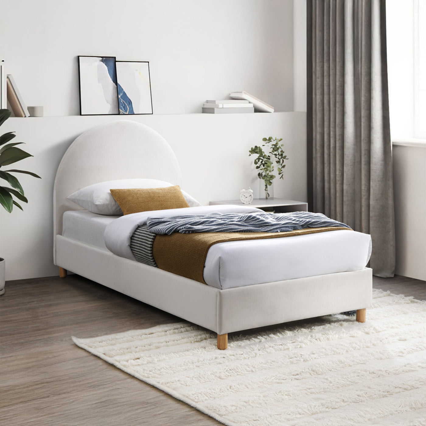 LYS Lit simple en velours blanc écru pieds en bois 90x190 cm - Lit enfant - Mobilier Deco