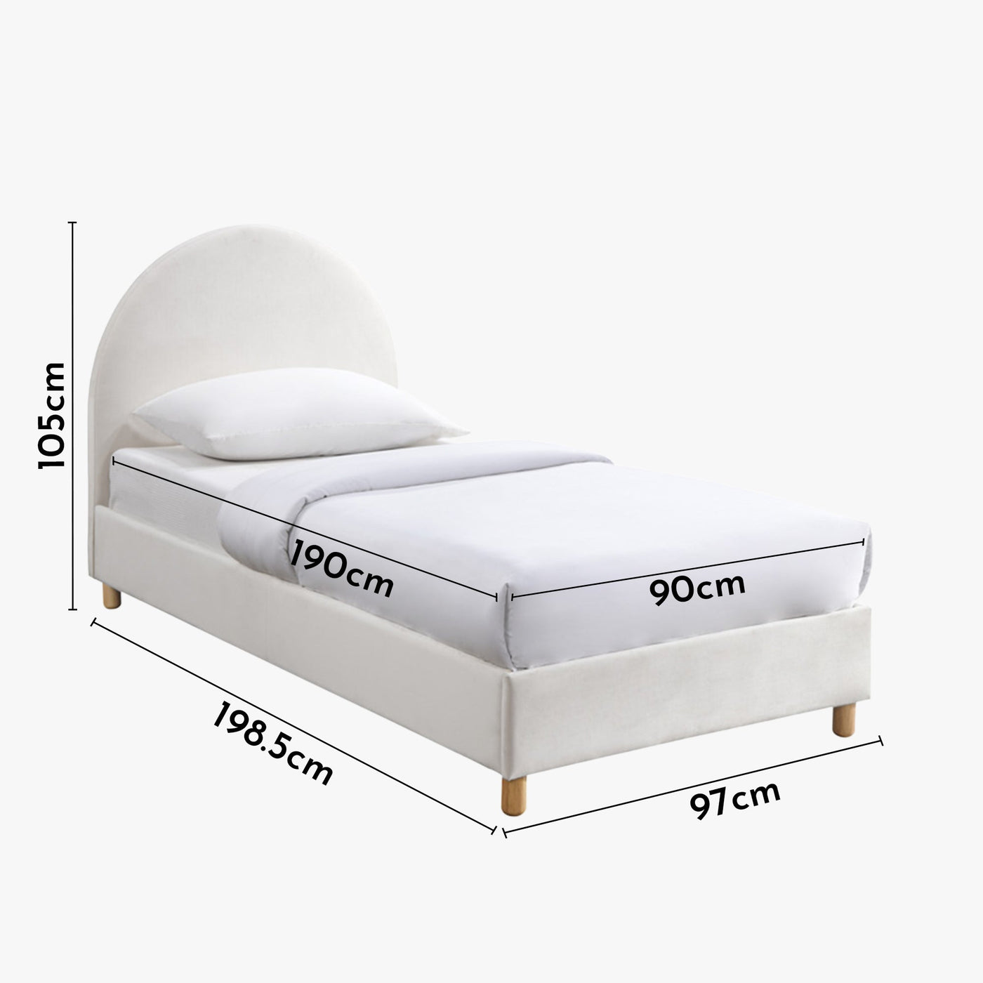 LYS Lit simple en velours blanc écru pieds en bois 90x190 cm - Lit enfant - Mobilier Deco