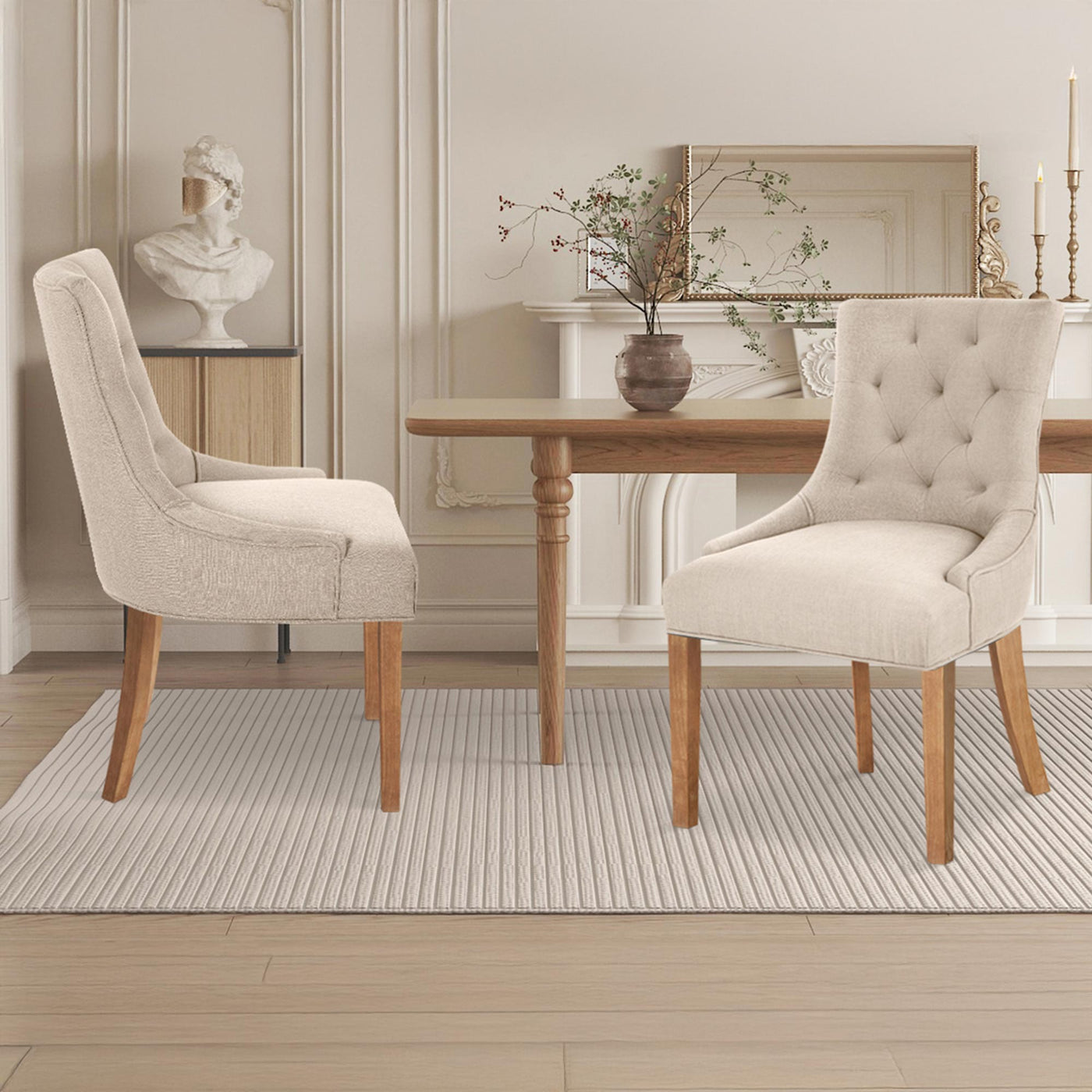 LYZA Lot de 2 chaises en tissu beige piètement bois - Chaise de repas - Mobilier Deco