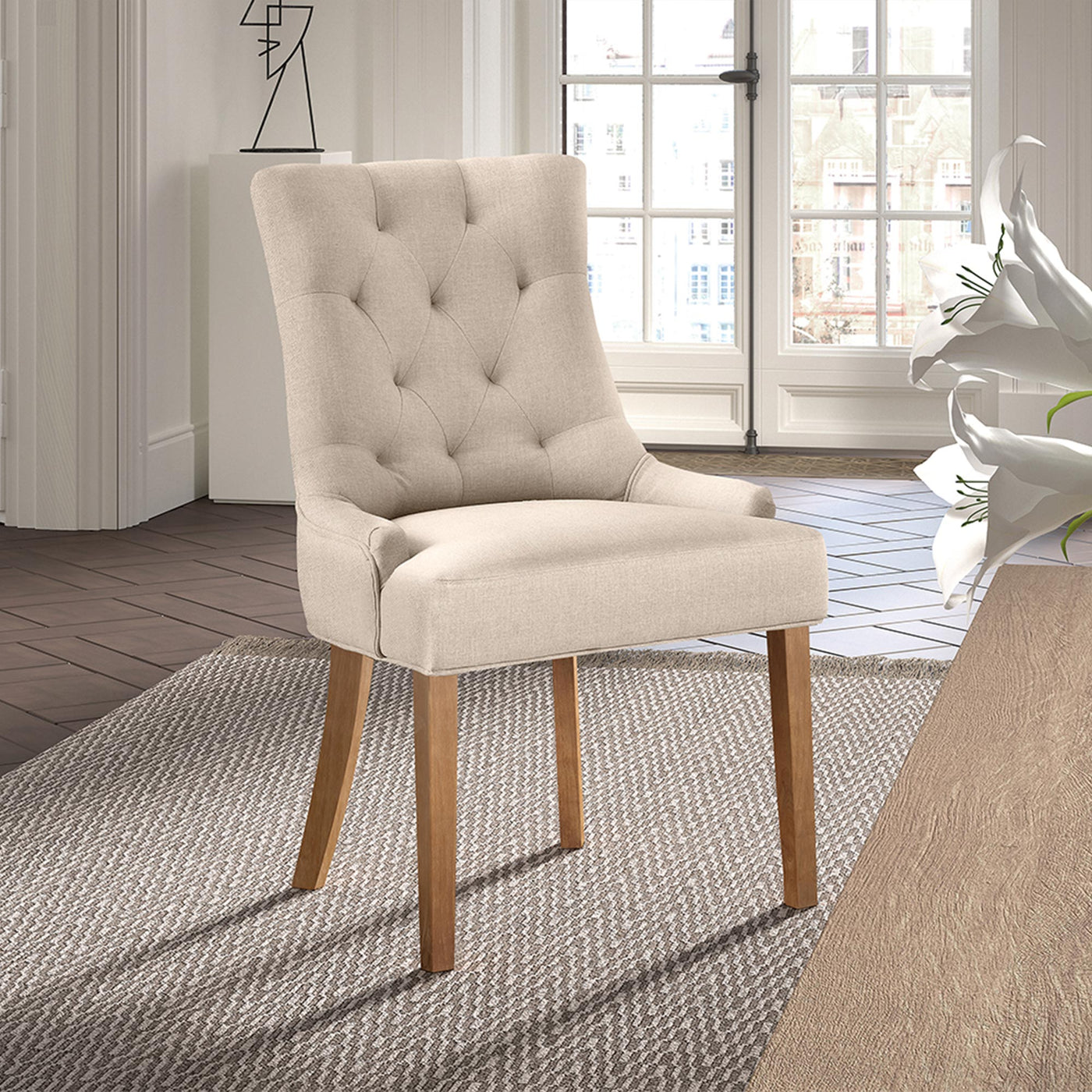 LYZA Lot de 2 chaises en tissu beige piètement bois - Chaise de repas - Mobilier Deco
