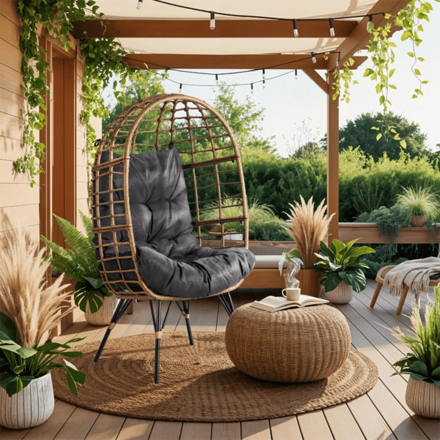 MADISON Fauteuil de jardin couleur bois et gris foncé pieds en métal noir - Mobilier de jardin - Mobilier Deco