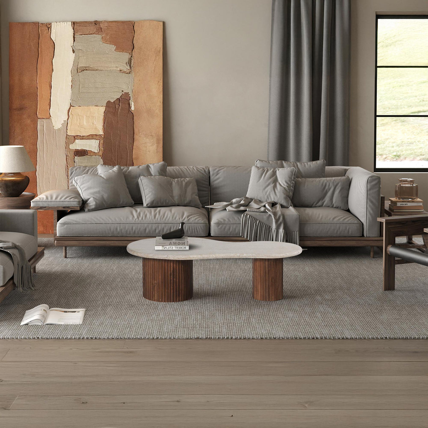 MARLON Table basse en bois de manguier et travertin - Table basse - Mobilier Deco