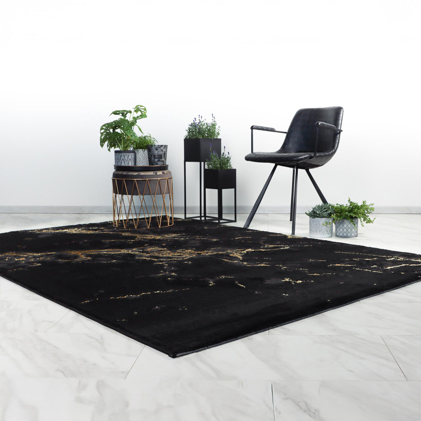 MARMARIS Tapis en tissu à veinure marbré noir et doré -160x230 cm - Tapis - Mobilier Deco