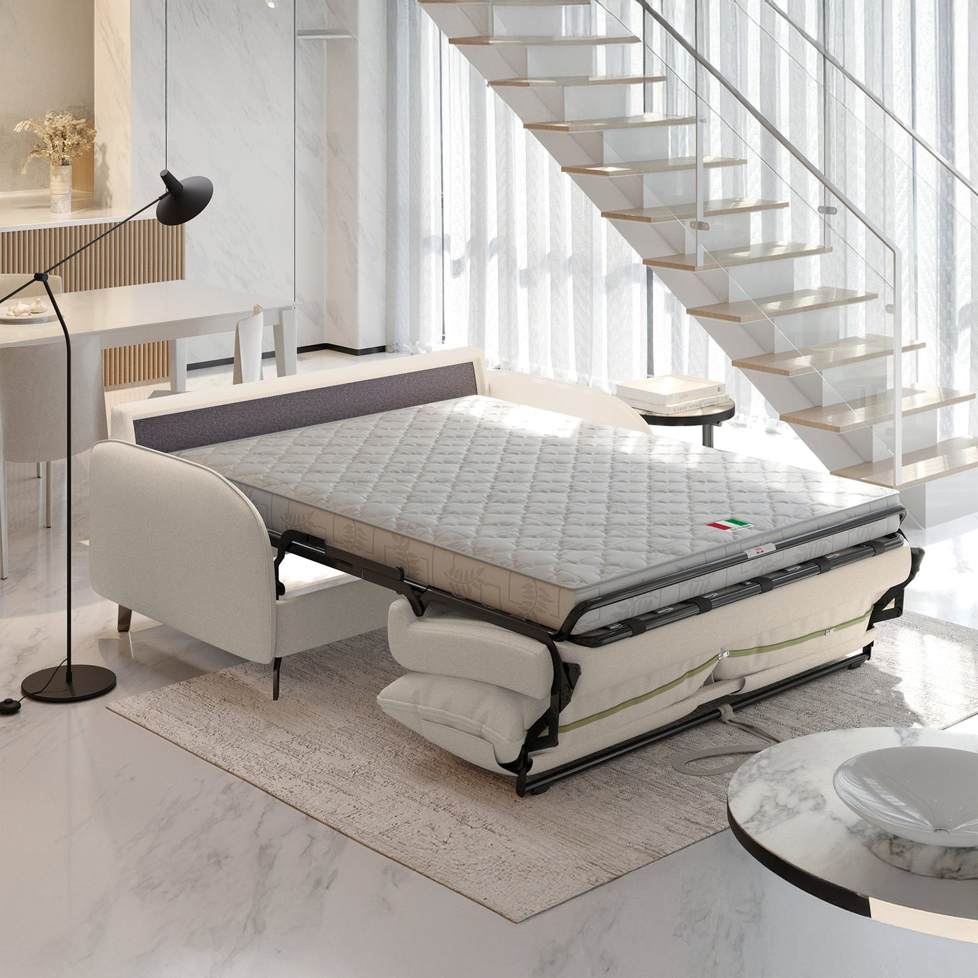 MARTINE Canapé 3 places convertible en tissu beige matelas 14 cm - Canapés convertibles - Mobilier Deco