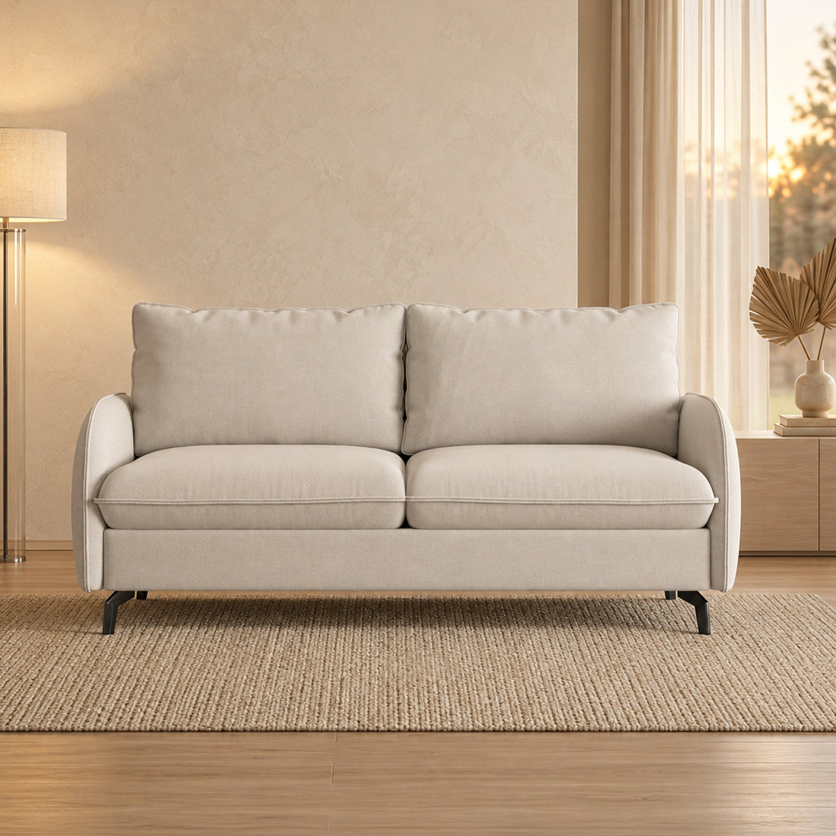 MARTINE Canapé 3 places convertible en tissu beige matelas 14 cm - Canapés convertibles - Mobilier Deco