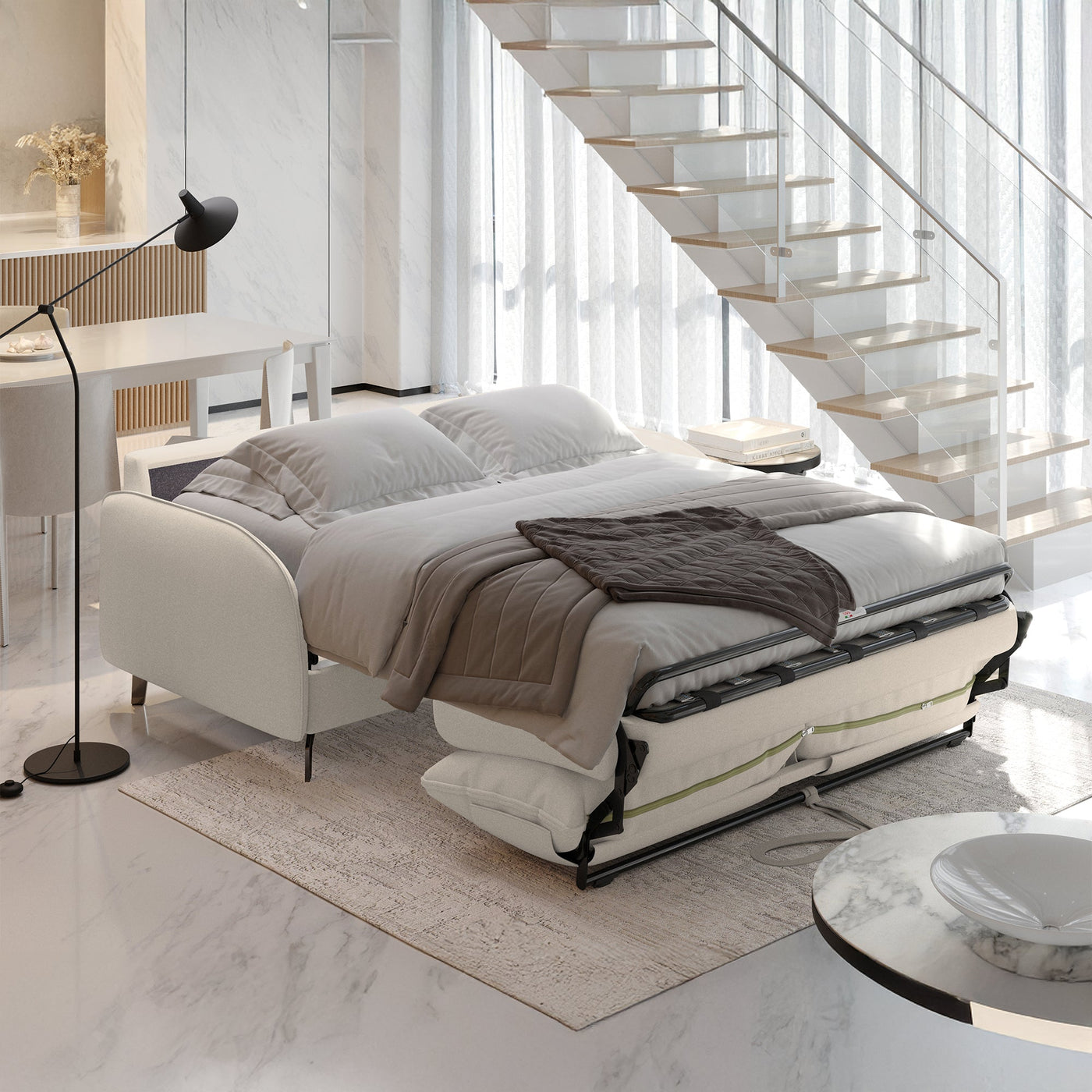 MARTINE Canapé 3 places convertible en tissu beige matelas 14 cm - Canapés convertibles - Mobilier Deco