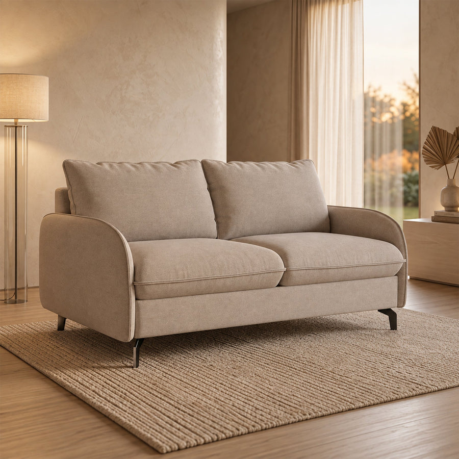 MARTINE Canapé 3 places convertible en tissu taupe matelas 14 cm — aperçu vidéo