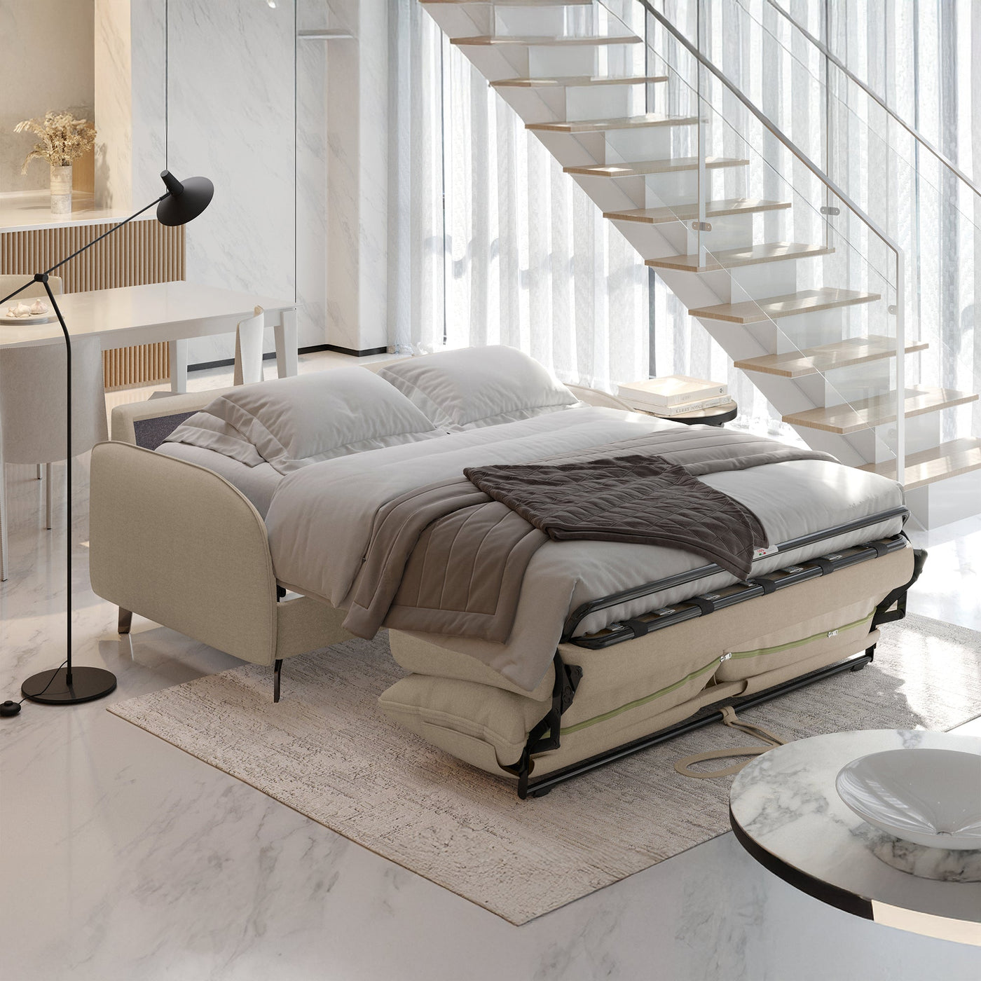MARTINE Canapé 3 places convertible en tissu taupe matelas 14 cm - Canapés convertibles - Mobilier Deco