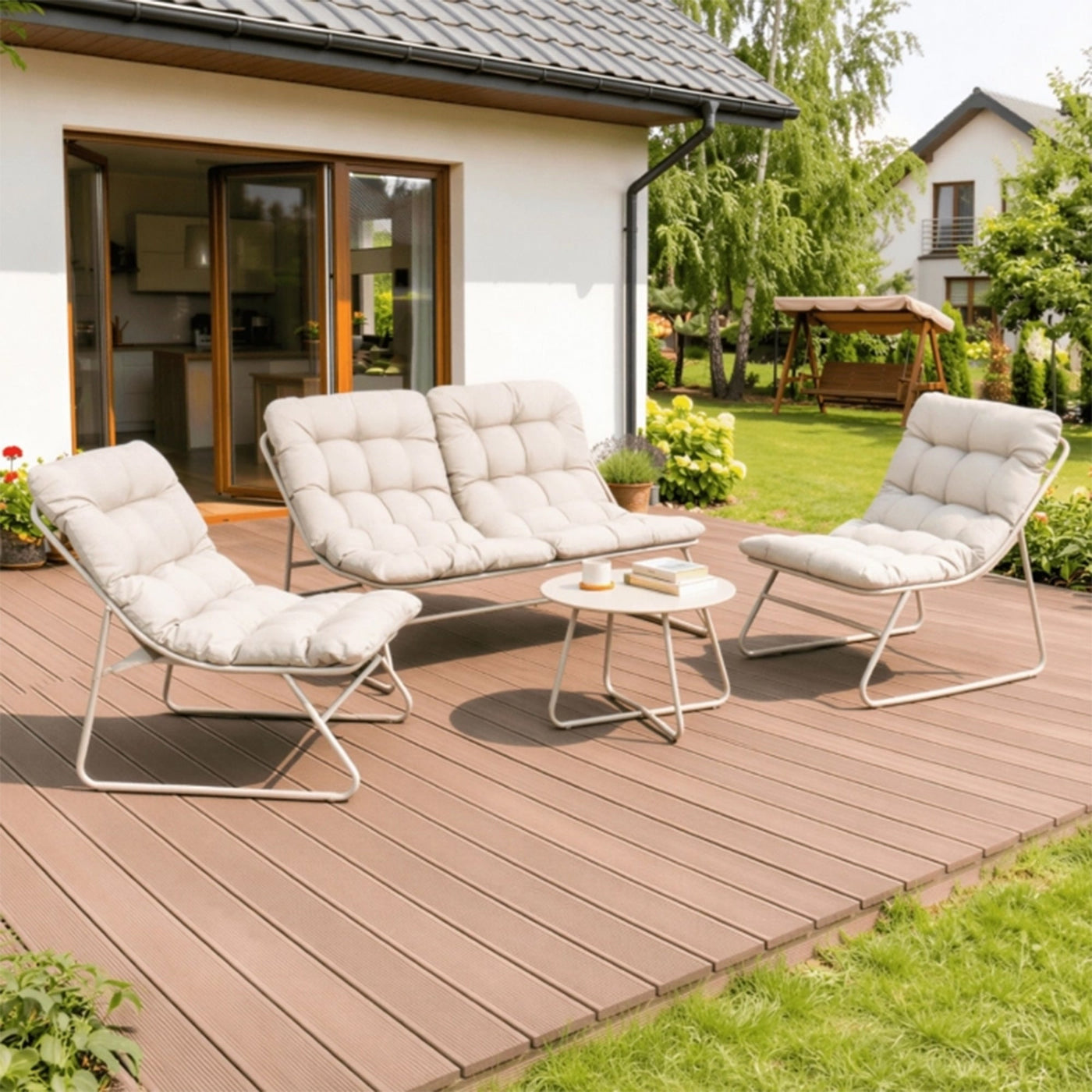 MEGARA Ensemble de mobilier de jardin 4 places avec table en métal beige - Mobilier de jardin - Mobilier Deco