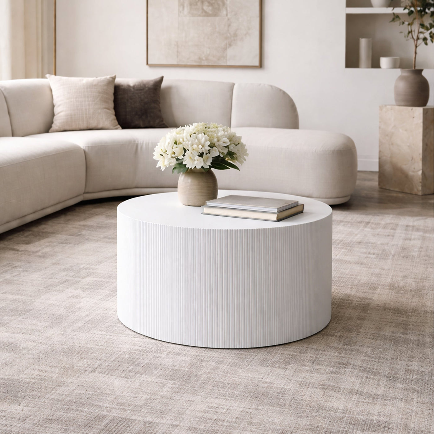 MELIA Table basse ronde en marbre d'ingénierie blanc D70 cm - Table basse - Mobilier Deco