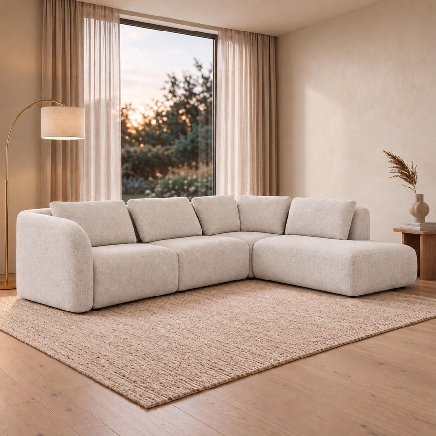 MERYA Canapé d'angle modulable en tissu beige - Angle droit — aperçu vidéo