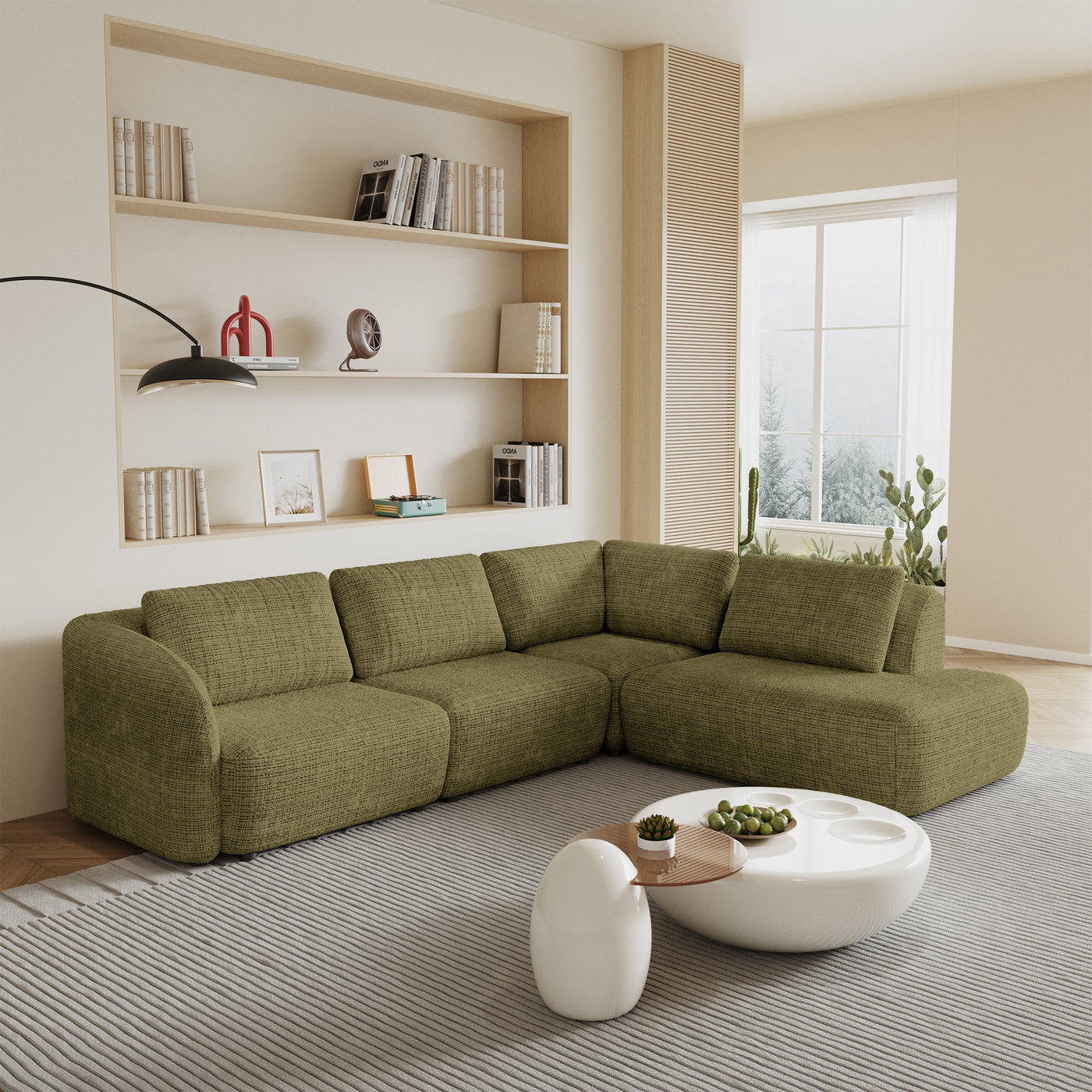 MERYA Canapé d'angle modulable en tissu vert olive - Angle droit - Canapés d'angle - Mobilier Deco