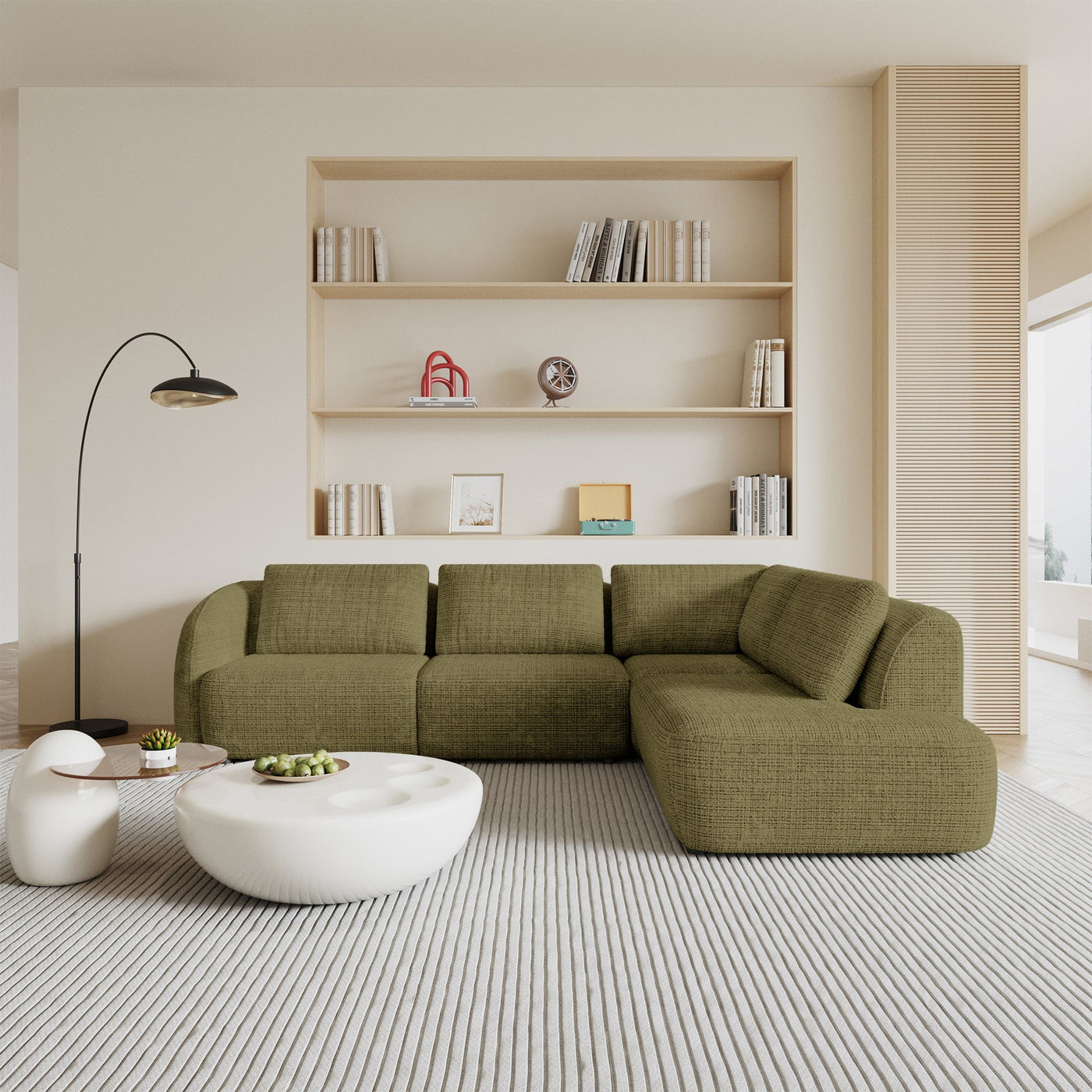 MERYA Canapé d'angle modulable en tissu vert olive - Angle droit - Canapés d'angle - Mobilier Deco
