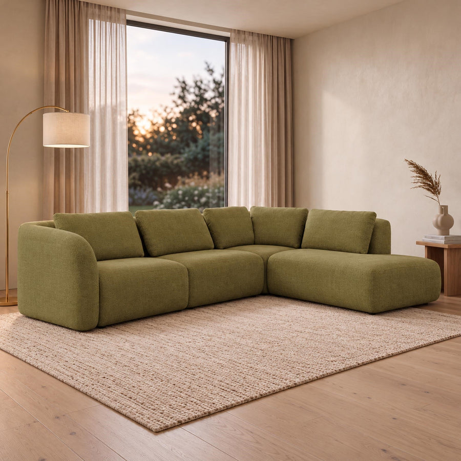 MERYA Canapé d'angle modulable en tissu vert olive - Angle droit — aperçu vidéo