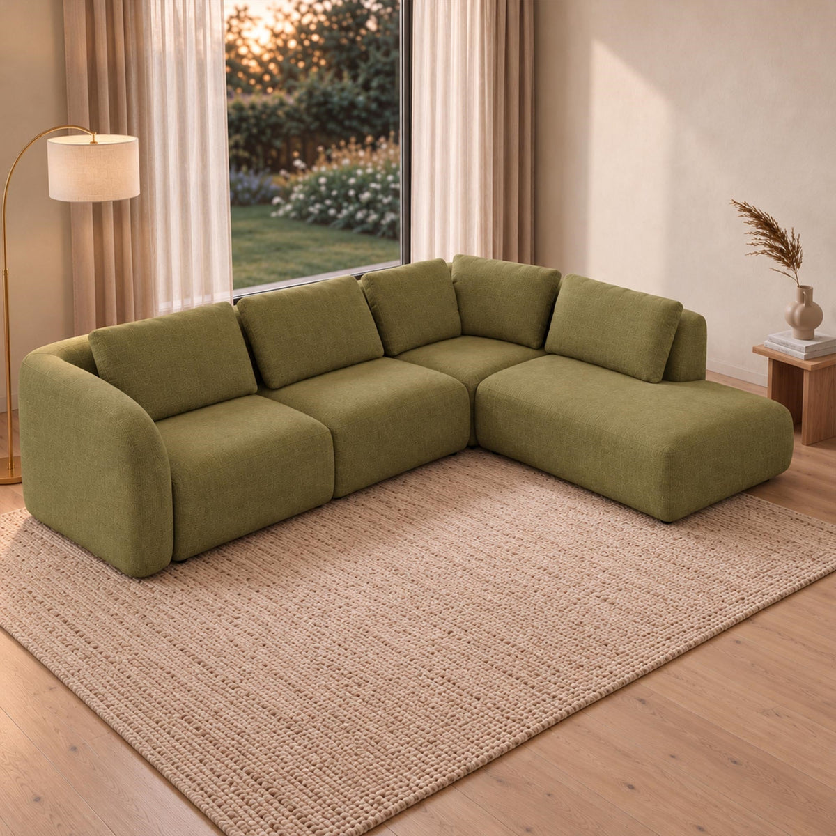 MERYA Canapé d'angle modulable en tissu vert olive - Angle droit - Canapés d'angle - Mobilier Deco