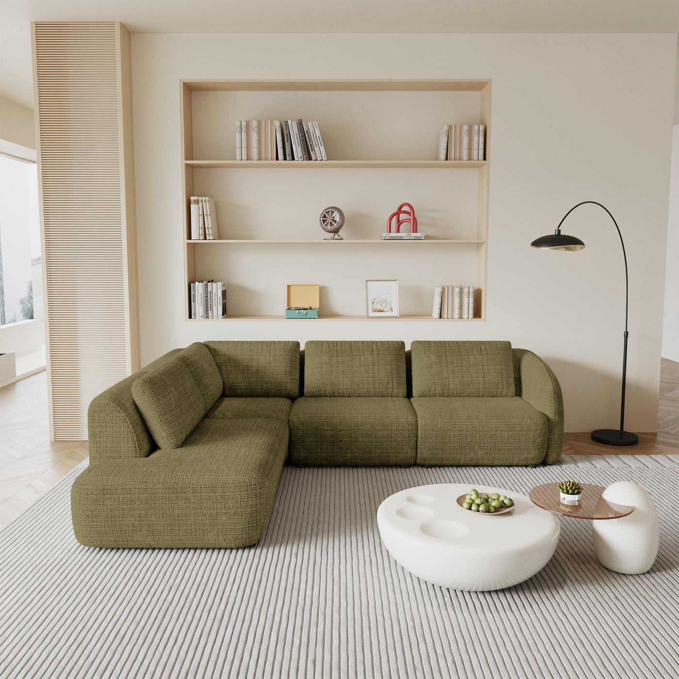 MERYA Canapé d'angle modulable en tissu vert olive - Angle gauche - Canapés d'angle - Mobilier Deco