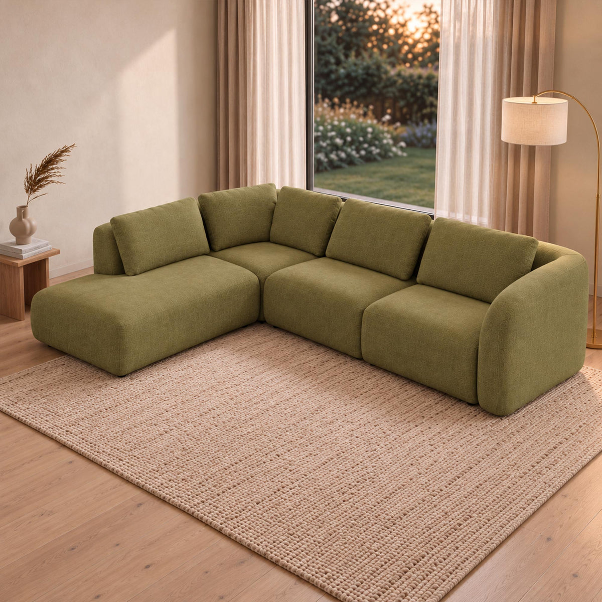 MERYA Canapé d'angle modulable en tissu vert olive - Angle gauche - Canapés d'angle - Mobilier Deco