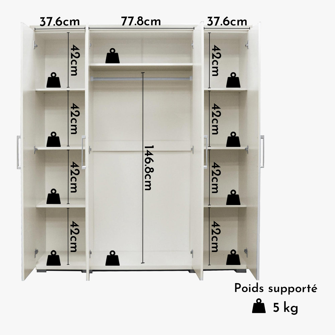 MIKE XXL Armoire 4 portes 7 étagères et penderie blanc - Armoire - Mobilier Deco