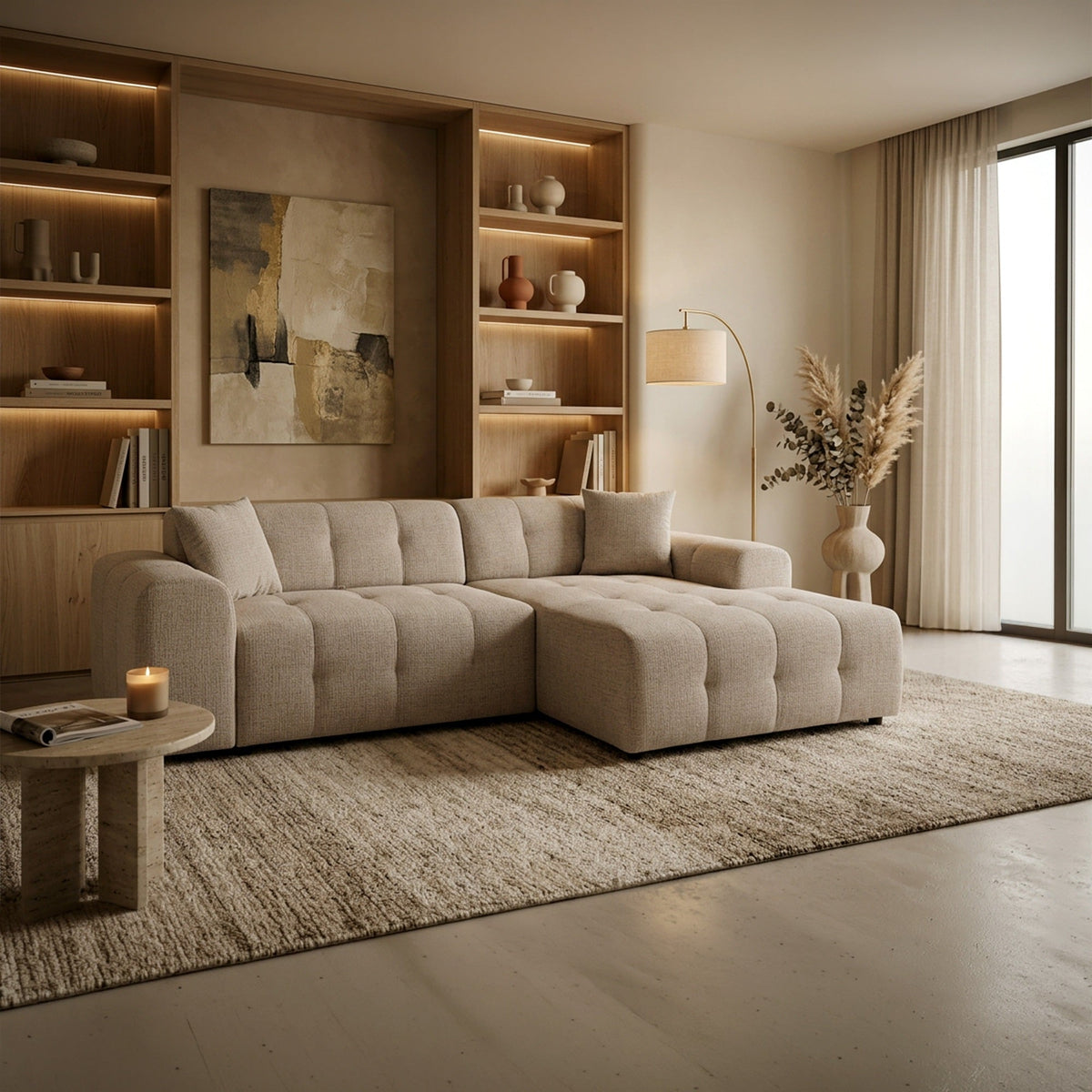 MILAN Canapé d'angle convertible en tissu beige - Angle droit - Mobilier Deco