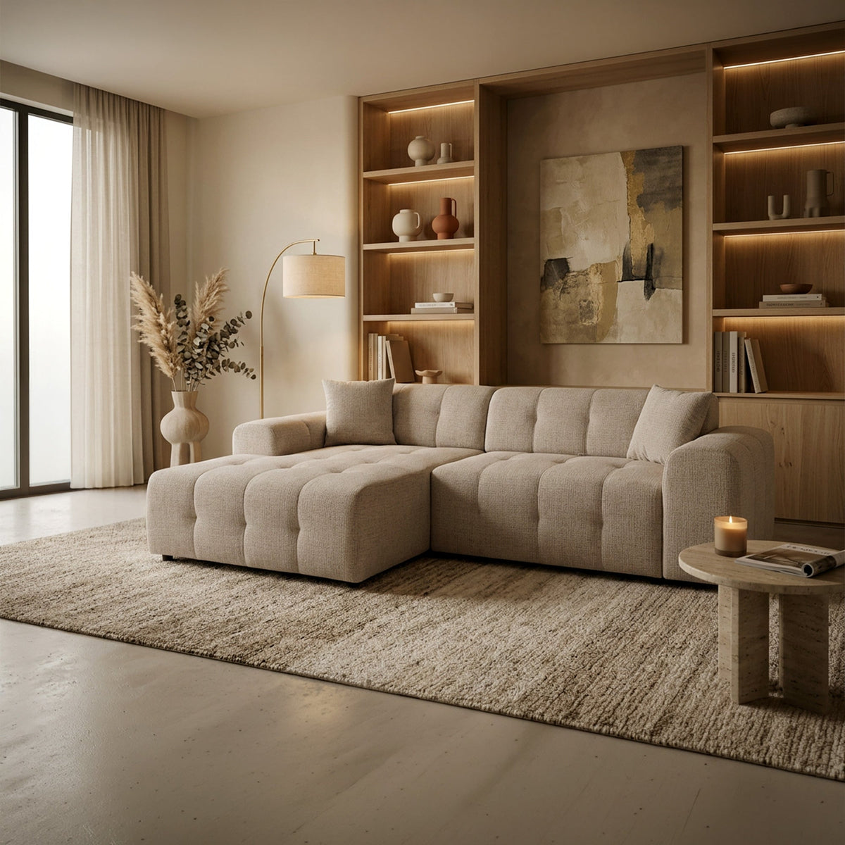 MILAN Canapé d'angle convertible en tissu beige - Angle gauche - Mobilier Deco