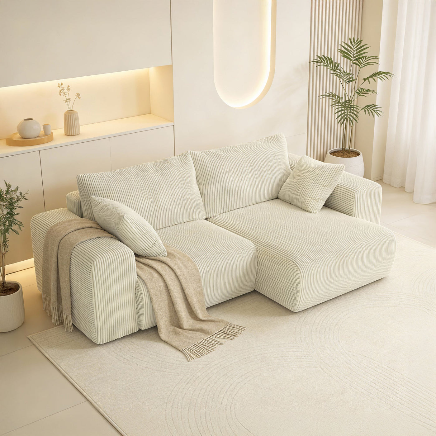 MILEA Canapé d'angle convertible et réversible en velours côtelé beige - Canapé d'angle convertible - Mobilier Deco