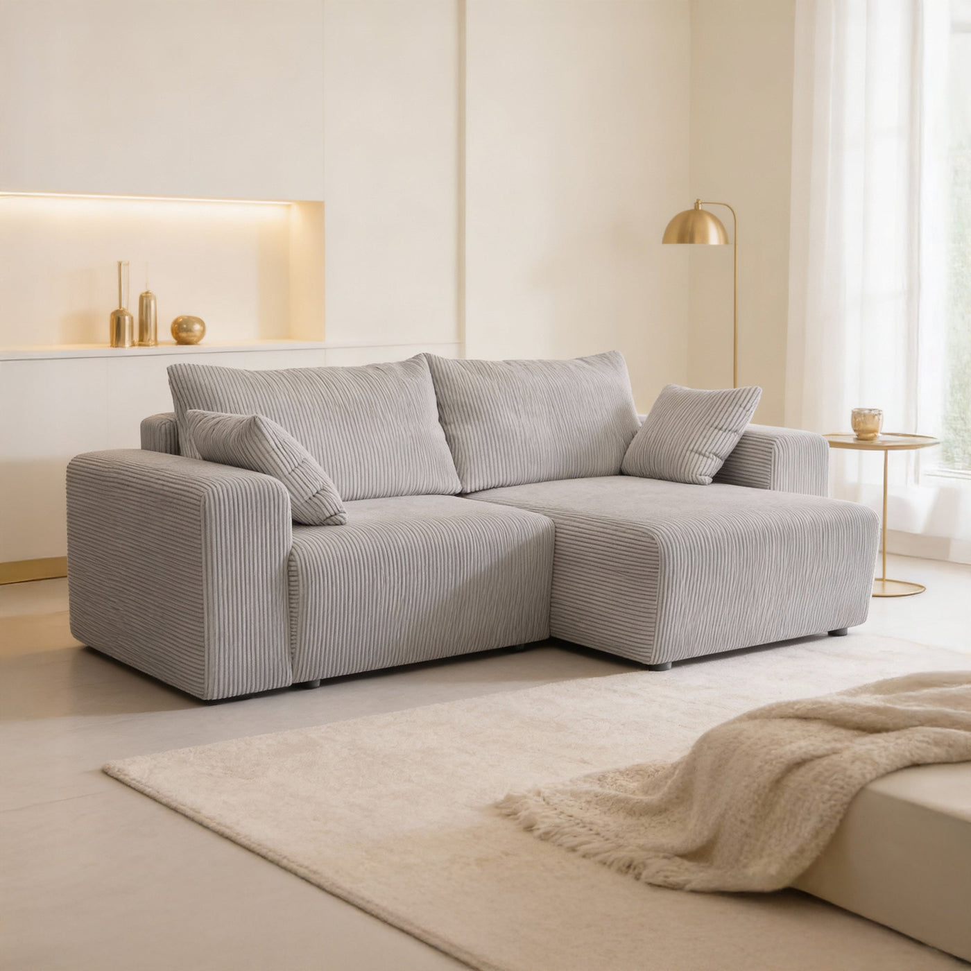 MILEA Canapé d'angle convertible et réversible en velours côtelé gris clair - Canapé d'angle convertible - Mobilier Deco