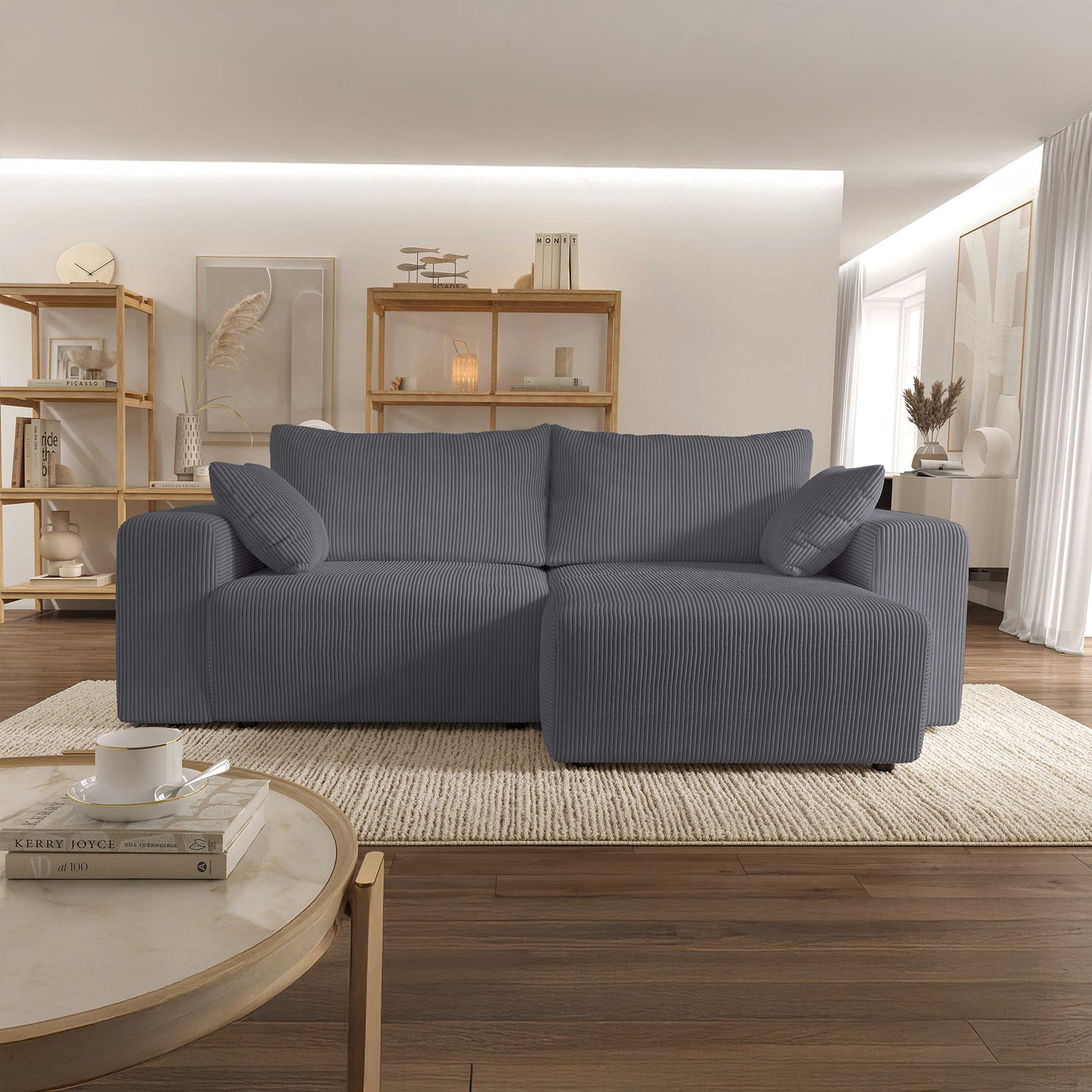 MILEA Canapé d'angle convertible et réversible en velours côtelé gris foncé - Canapé d'angle convertible - Mobilier Deco