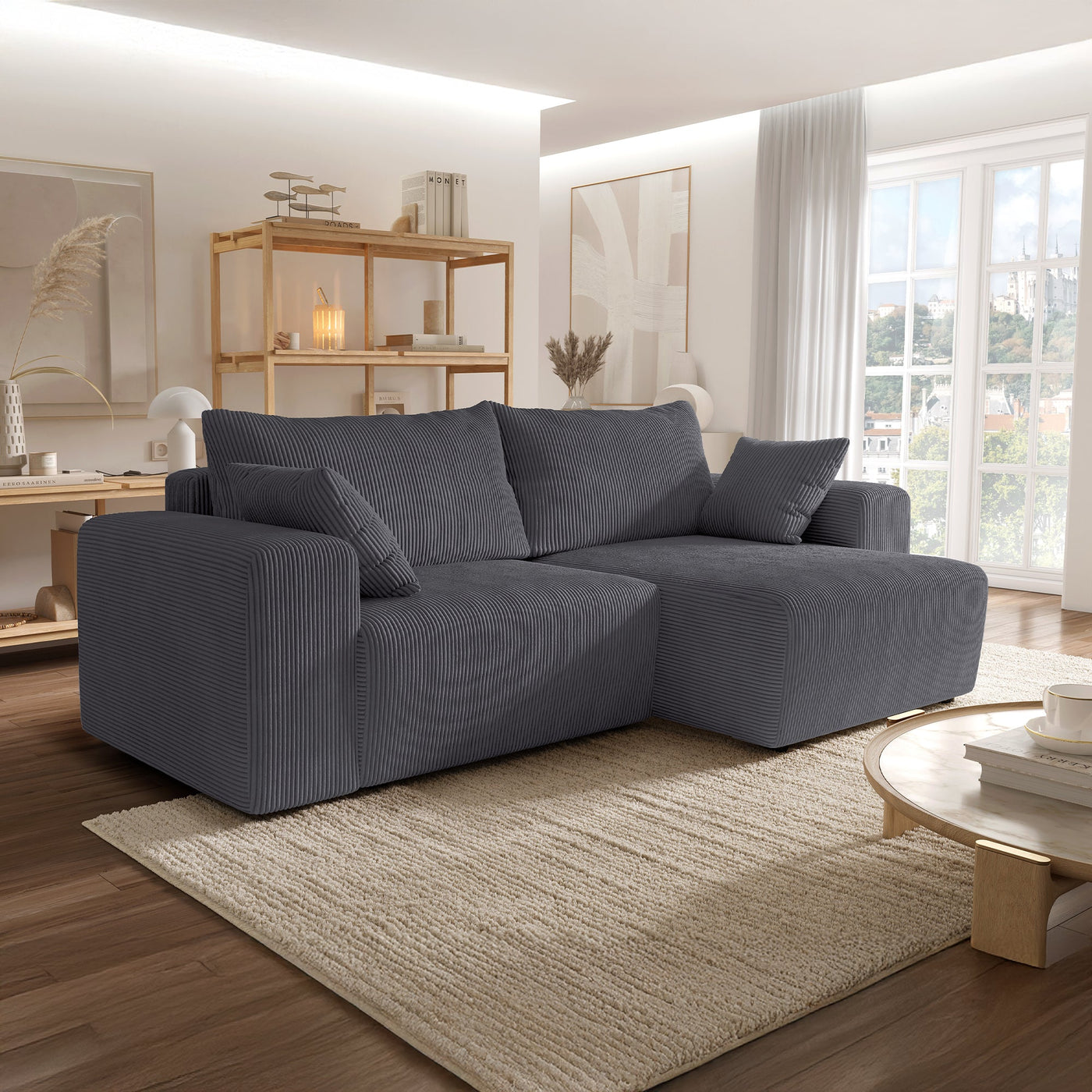 MILEA Canapé d'angle convertible et réversible en velours côtelé gris foncé - Canapé d'angle convertible - Mobilier Deco