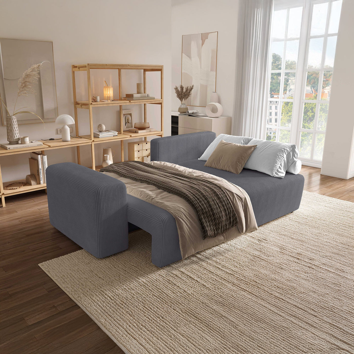 MILEA Canapé d'angle convertible et réversible en velours côtelé gris foncé - Canapé d'angle convertible - Mobilier Deco