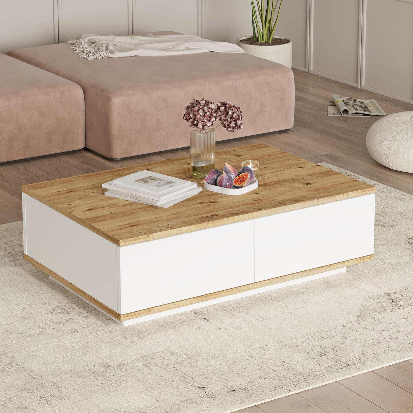 MILIE Table basse rectangulaire couleur bois et blanc avec rangement intégré - Table basse - Mobilier Deco