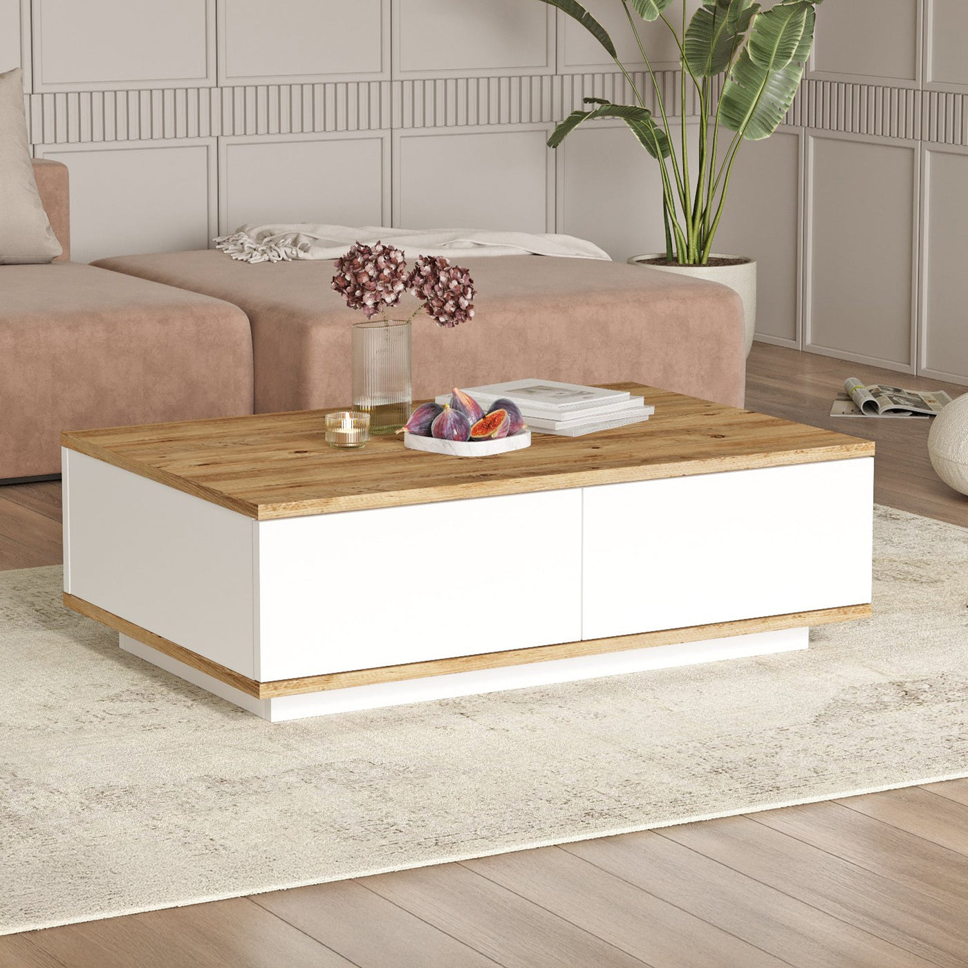 MILIE Table basse rectangulaire couleur bois et blanc avec rangement intégré - Table basse - Mobilier Deco