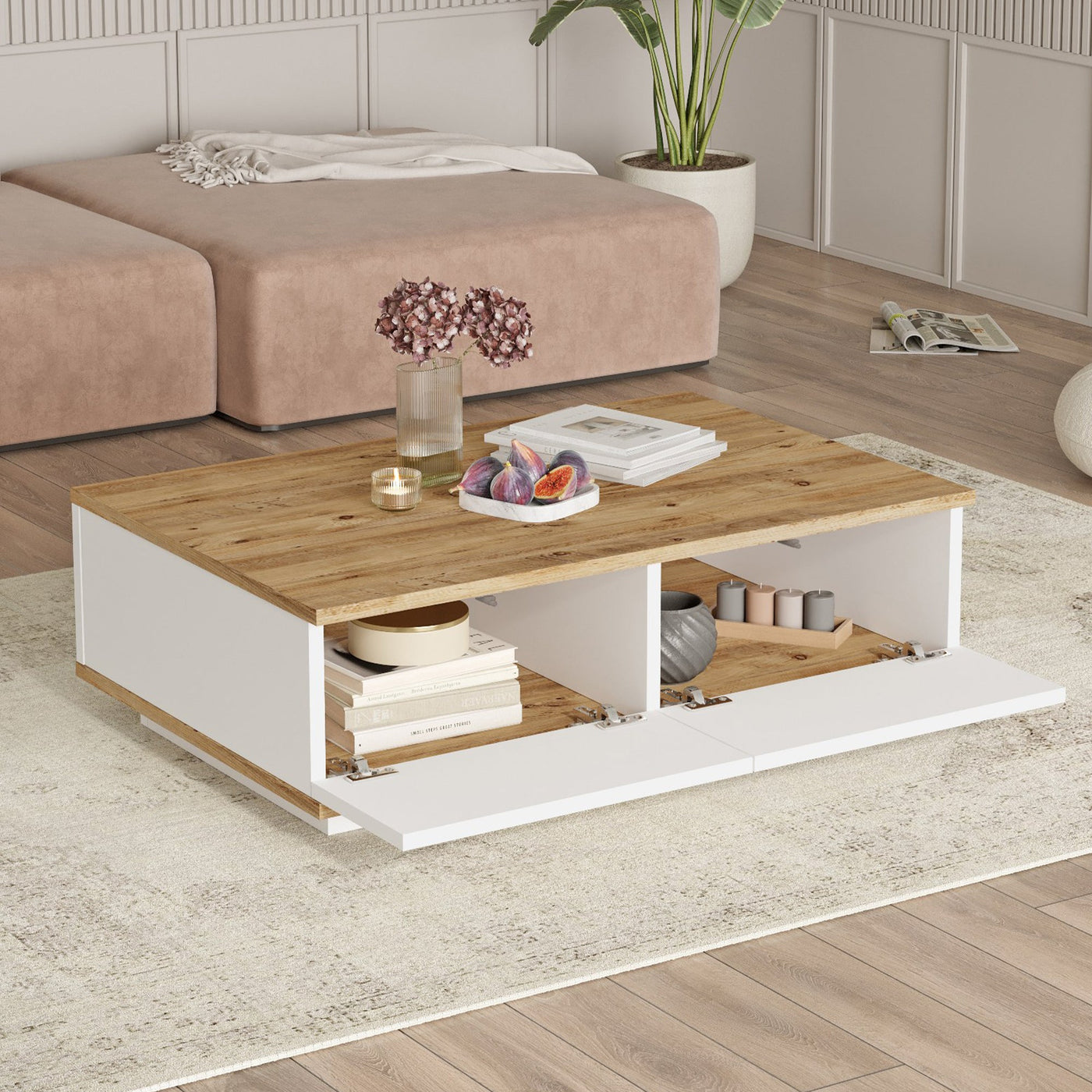MILIE Table basse rectangulaire couleur bois et blanc avec rangement intégré - Table basse - Mobilier Deco
