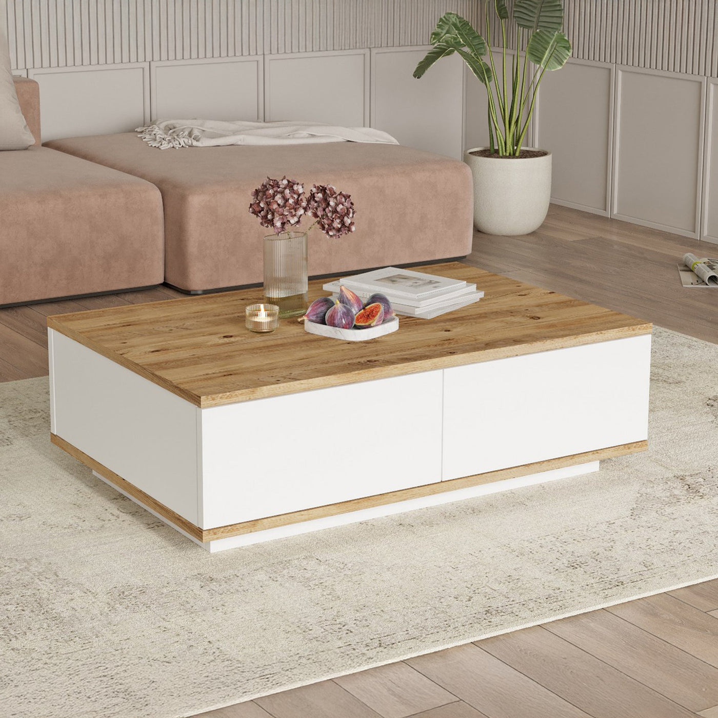 MILIE Table basse rectangulaire couleur bois et blanc avec rangement intégré - Table basse - Mobilier Deco