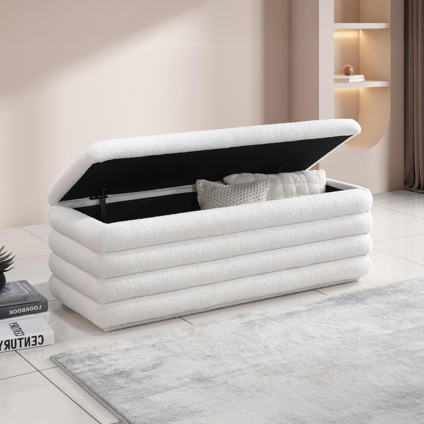 MILLO Banquette coffre effet peau de mouton blanc écru - Banquettes - Mobilier Deco