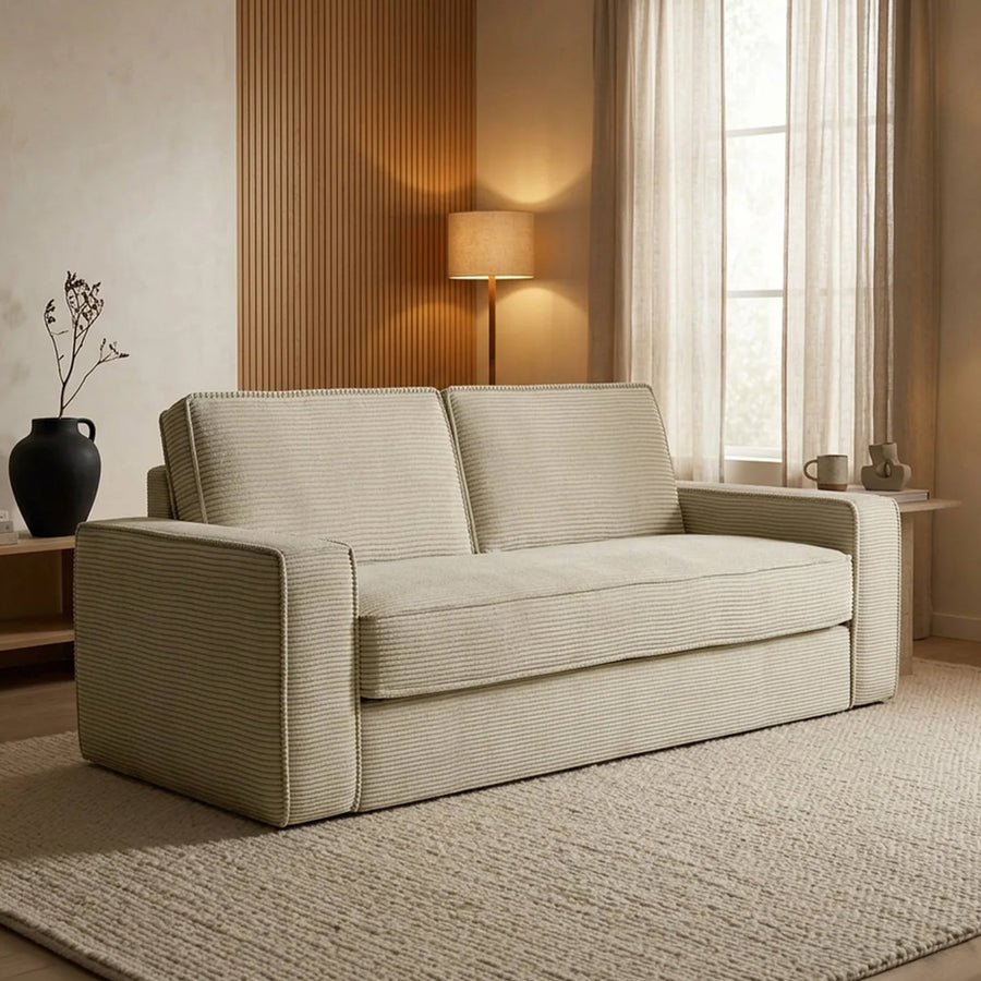 MINDY Canapé 3 places convertible velours côtelé beige matelas 14 cm — aperçu vidéo