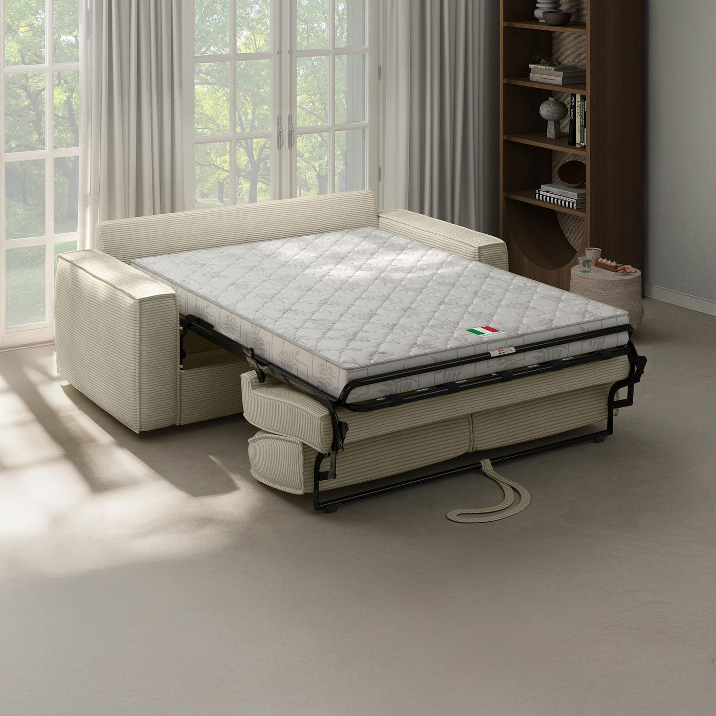 MINDY Canapé 3 places convertible velours côtelé beige matelas 14 cm - Canapés convertibles - Mobilier Deco