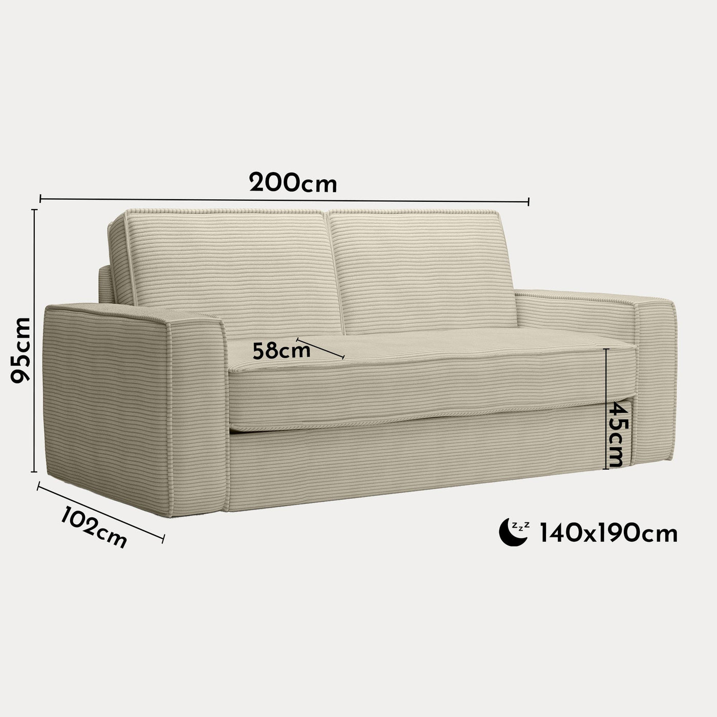 MINDY Canapé 3 places convertible velours côtelé beige matelas 14 cm - Canapés convertibles - Mobilier Deco