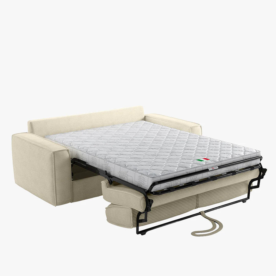 MINDY Canapé 3 places convertible velours côtelé beige matelas 14 cm — aperçu vidéo