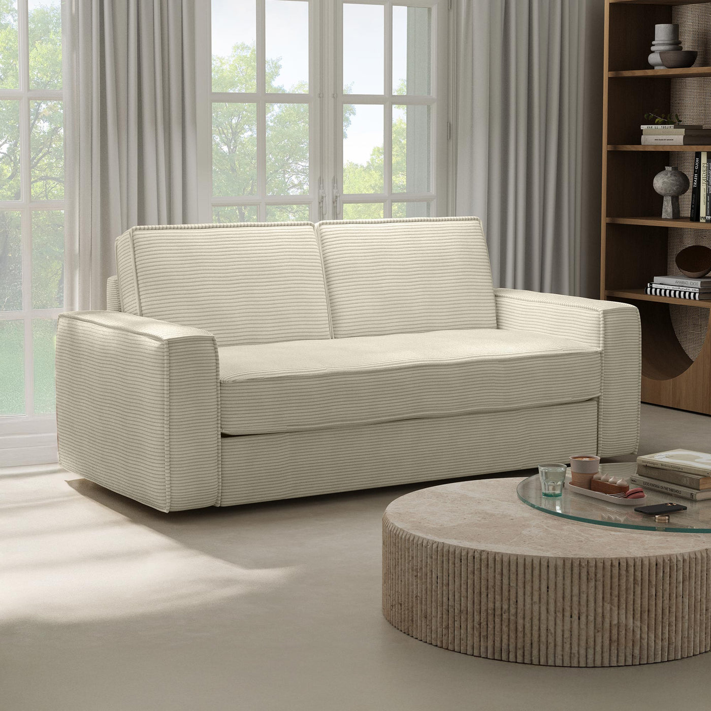 MINDY Canapé 3 places convertible velours côtelé beige matelas 14 cm - Canapés convertibles - Mobilier Deco