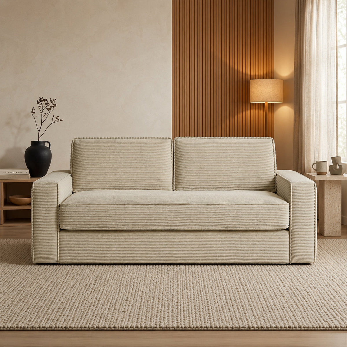 MINDY Canapé 3 places convertible velours côtelé beige matelas 14 cm - Canapés convertibles - Mobilier Deco