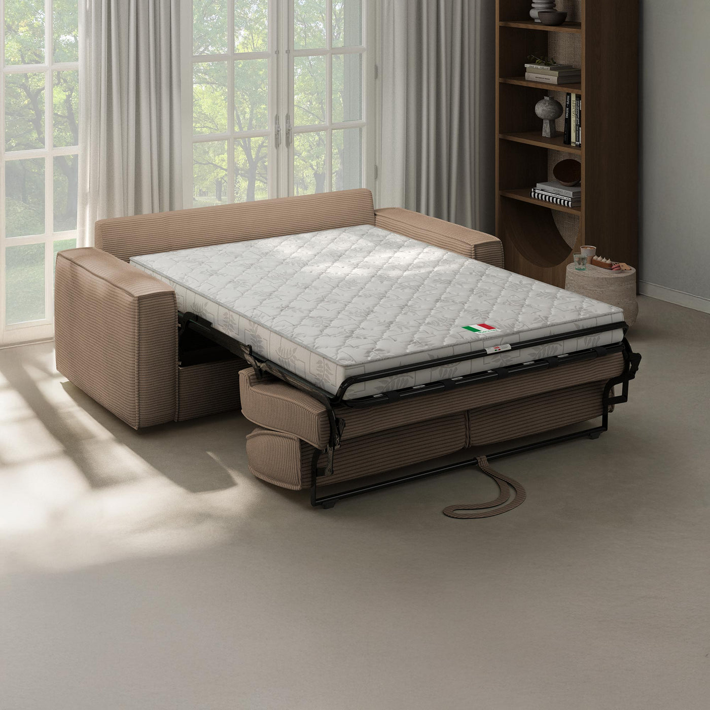 MINDY Canapé 3 places convertible velours côtelé taupe matelas 14 cm - Canapés convertibles - Mobilier Deco