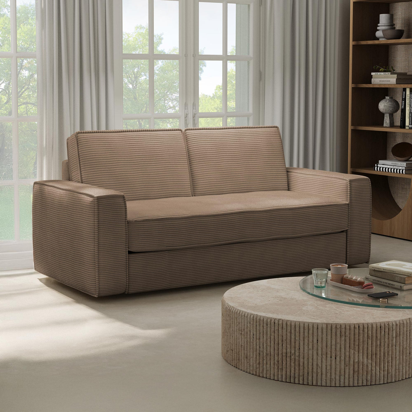 MINDY Canapé 3 places convertible velours côtelé taupe matelas 14 cm - Canapés convertibles - Mobilier Deco