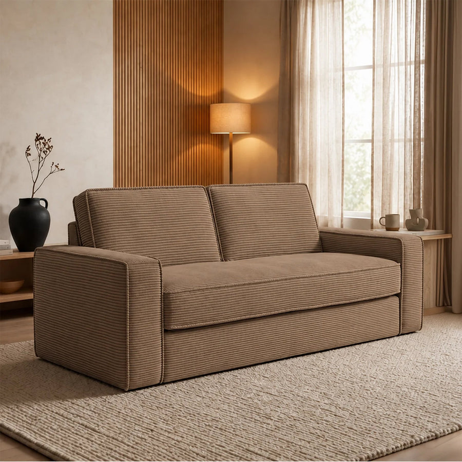 MINDY Canapé 3 places convertible velours côtelé taupe matelas 14 cm — aperçu vidéo
