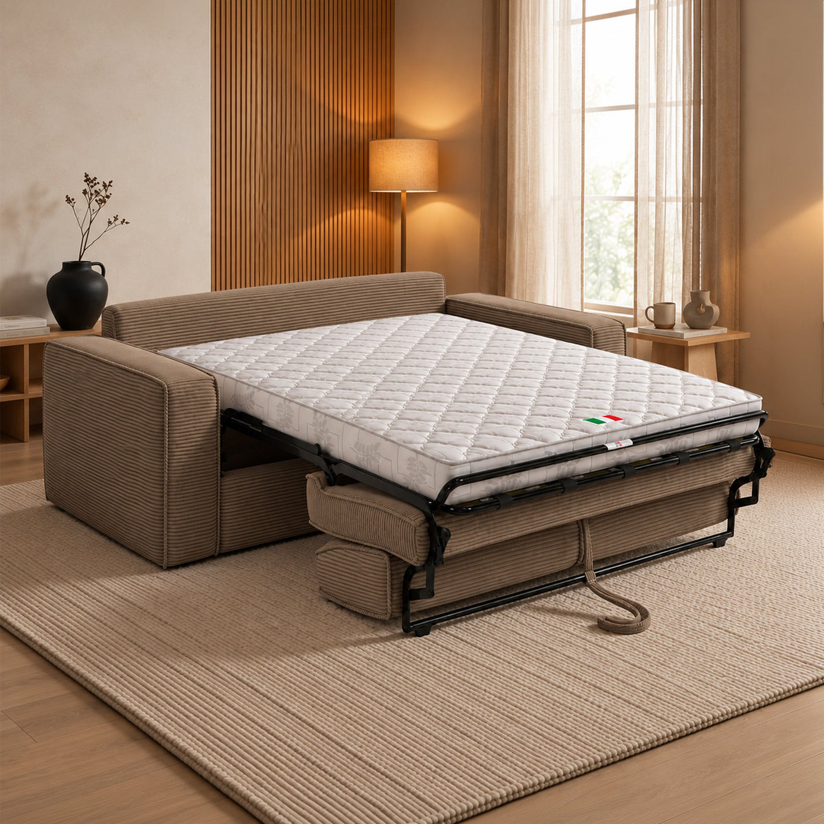 MINDY Canapé 3 places convertible velours côtelé taupe matelas 14 cm - Canapés convertibles - Mobilier Deco