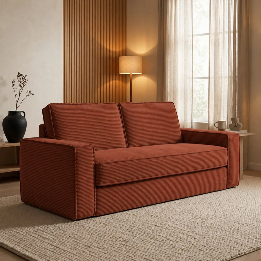 MINDY Canapé 3 places convertible velours côtelé terracotta matelas 14 cm — aperçu vidéo