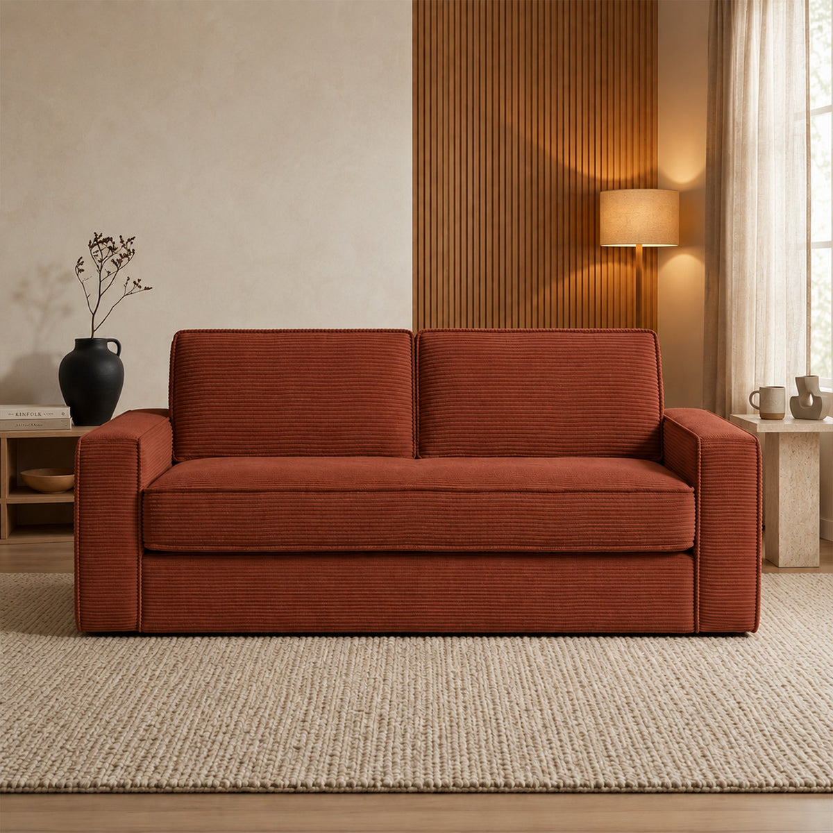 MINDY Canapé 3 places convertible velours côtelé terracotta matelas 14 cm - Canapés convertibles - Mobilier Deco