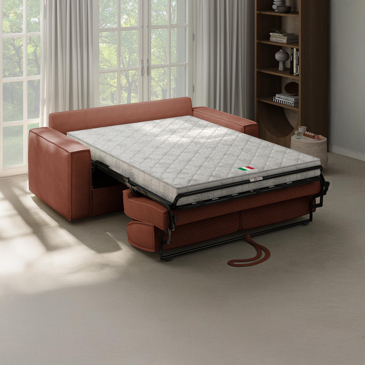 MINDY Canapé 3 places convertible velours côtelé terracotta matelas 14 cm - Canapés convertibles - Mobilier Deco